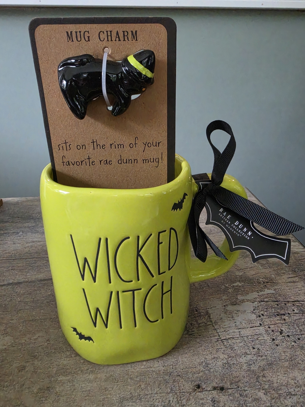 Rae Dunn Lime Green 'WICKED WITCH' Ceramic Mug with Bat Accents & Mug Charm